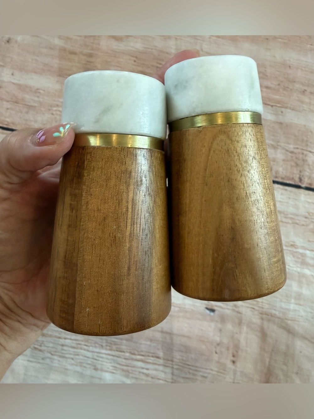 Salt & Pepper Shakers White Oxnard Wood Metal Band Hand Crafted Marble